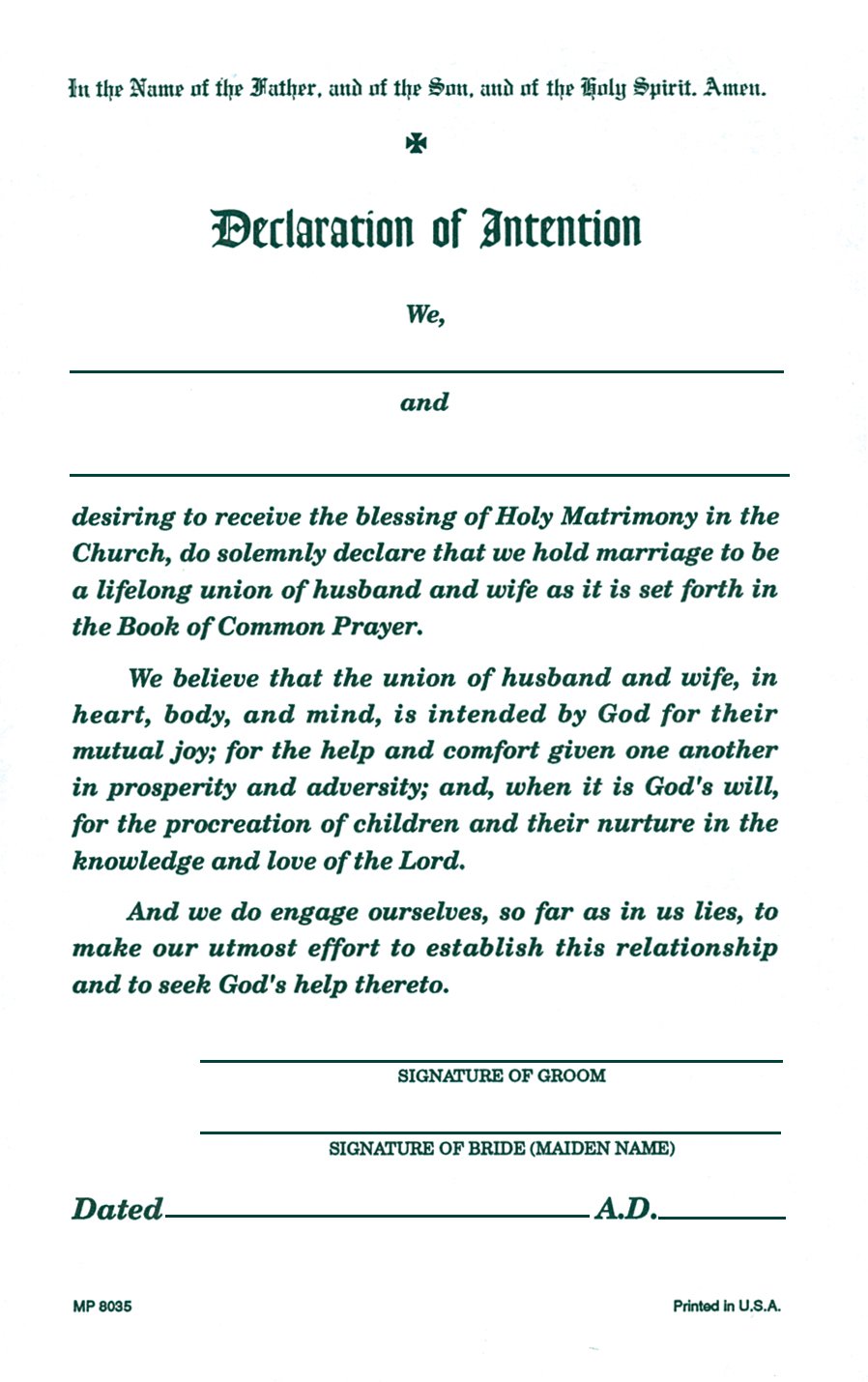 Declaration of Intention for Marriage Free Download